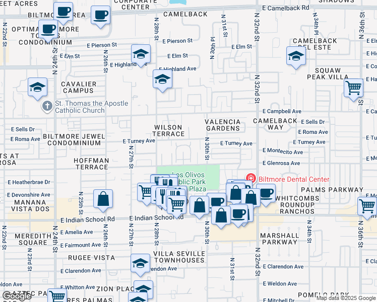 map of restaurants, bars, coffee shops, grocery stores, and more near 4315 North 29th Place in Phoenix