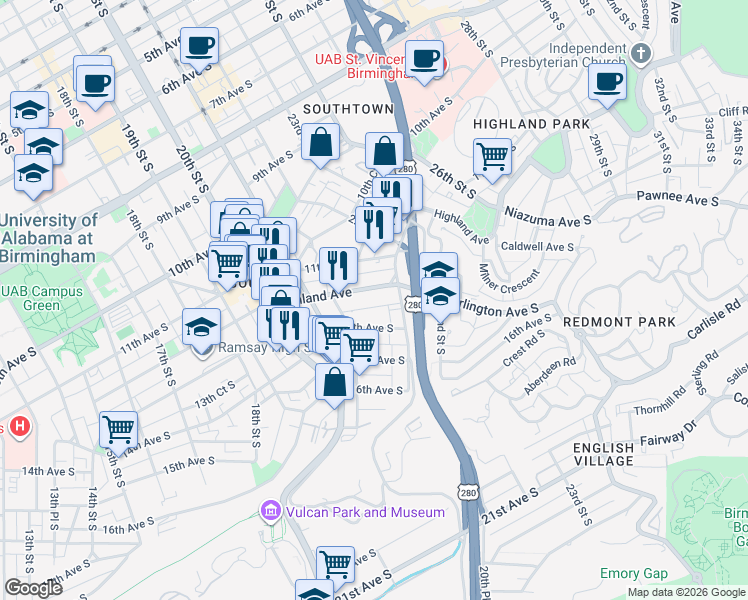 map of restaurants, bars, coffee shops, grocery stores, and more near 2173 Highland Avenue in Birmingham