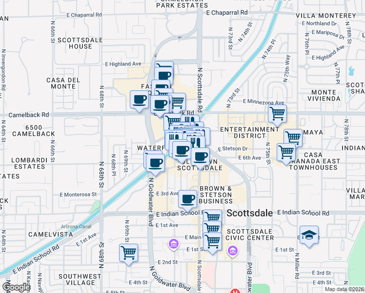 map of restaurants, bars, coffee shops, grocery stores, and more near 7158 East Stetson Drive in Scottsdale