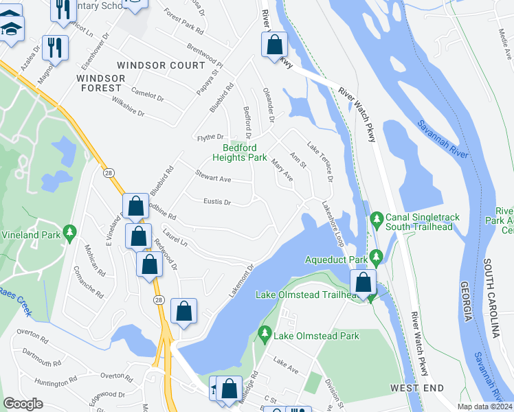 map of restaurants, bars, coffee shops, grocery stores, and more near 1004 Eustis Drive in Augusta