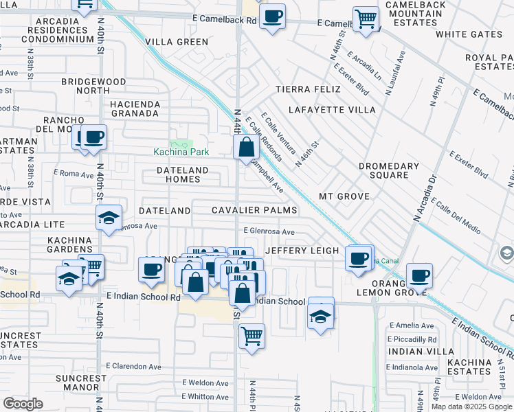 map of restaurants, bars, coffee shops, grocery stores, and more near 4432 East Montecito Avenue in Phoenix