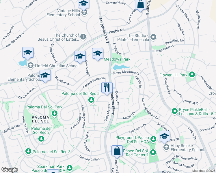 map of restaurants, bars, coffee shops, grocery stores, and more near 42986 Via Jumilla in Temecula
