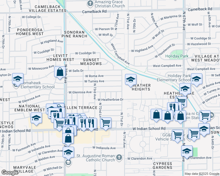 map of restaurants, bars, coffee shops, grocery stores, and more near 7201 West Montecito Avenue in Phoenix