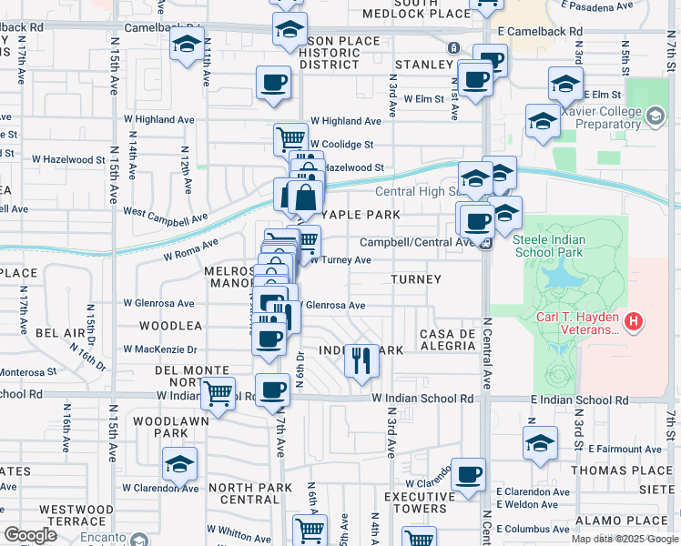 map of restaurants, bars, coffee shops, grocery stores, and more near 4350 North 5th Avenue in Phoenix
