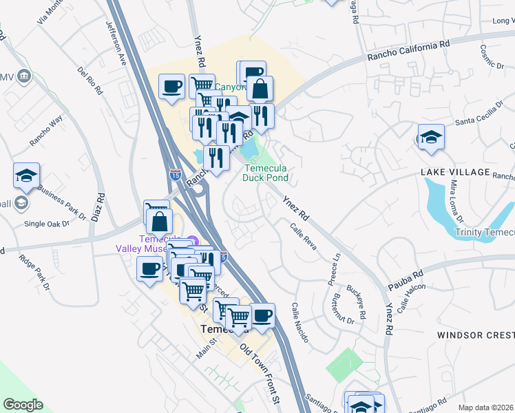 map of restaurants, bars, coffee shops, grocery stores, and more near 27932 Corte Melosa in Temecula