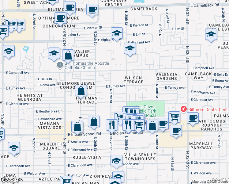 map of restaurants, bars, coffee shops, grocery stores, and more near 2715 East Montecito Avenue in Phoenix