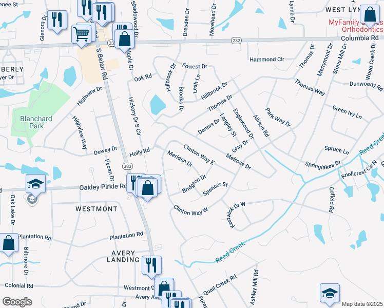 map of restaurants, bars, coffee shops, grocery stores, and more near 4128 Clinton Way East in Augusta