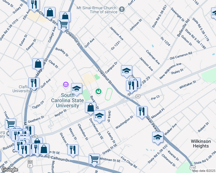 map of restaurants, bars, coffee shops, grocery stores, and more near 301 Chestnut Street in Orangeburg