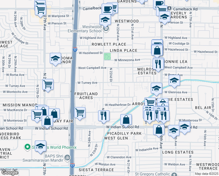 map of restaurants, bars, coffee shops, grocery stores, and more near 2226 West Glenrosa Avenue in Phoenix