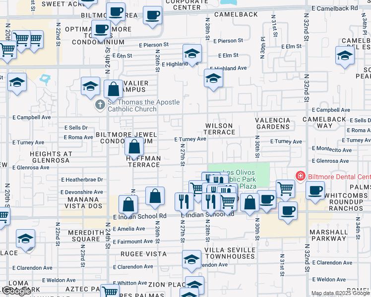 map of restaurants, bars, coffee shops, grocery stores, and more near 2715 East Montecito Avenue in Phoenix
