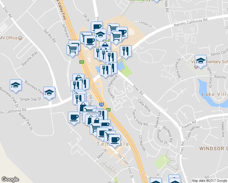 map of restaurants, bars, coffee shops, grocery stores, and more near 43081 Avenida Amistad in Temecula