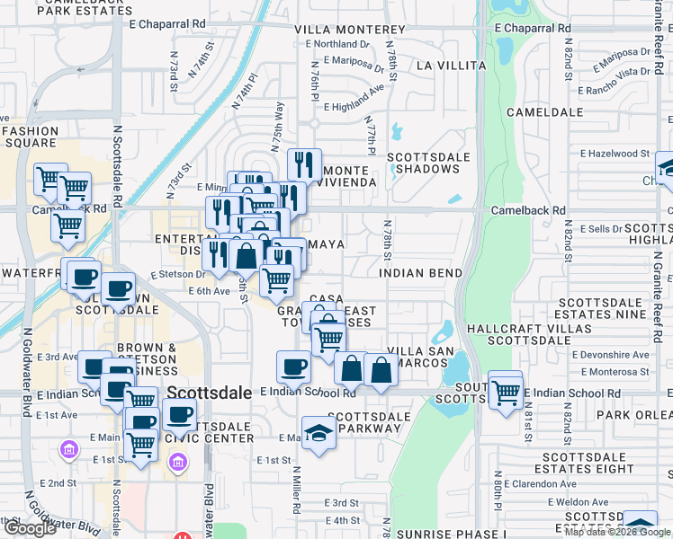 map of restaurants, bars, coffee shops, grocery stores, and more near 4361 North Parkway Avenue in Scottsdale