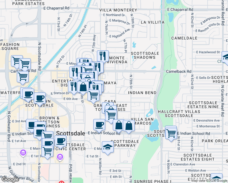 map of restaurants, bars, coffee shops, grocery stores, and more near 4361 North Parkway Avenue in Scottsdale