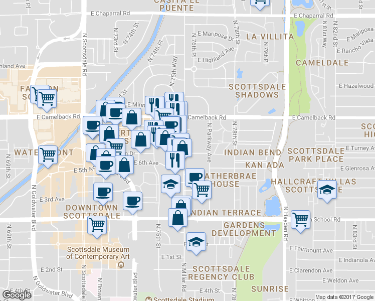 map of restaurants, bars, coffee shops, grocery stores, and more near 7637 East Montecito Avenue in Scottsdale