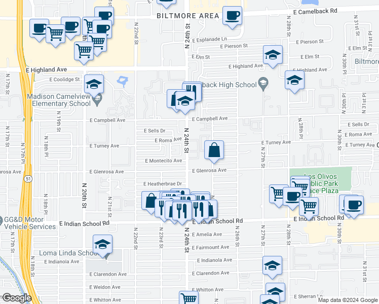 map of restaurants, bars, coffee shops, grocery stores, and more near 4332 North 24th Street in Phoenix