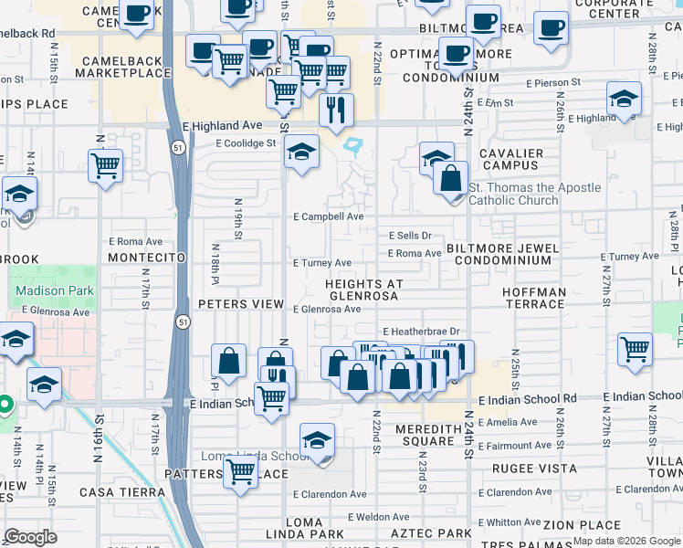 map of restaurants, bars, coffee shops, grocery stores, and more near 4343 North 21st Street in Phoenix