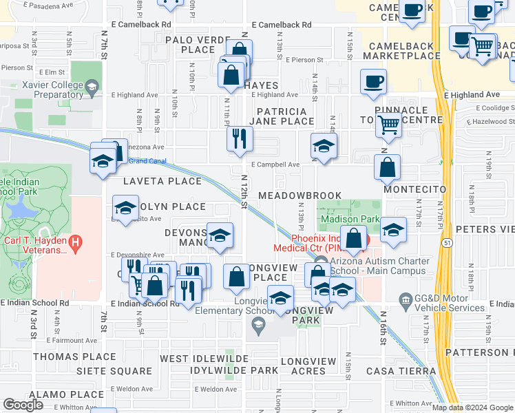 map of restaurants, bars, coffee shops, grocery stores, and more near 4331 North 12th Street in Phoenix