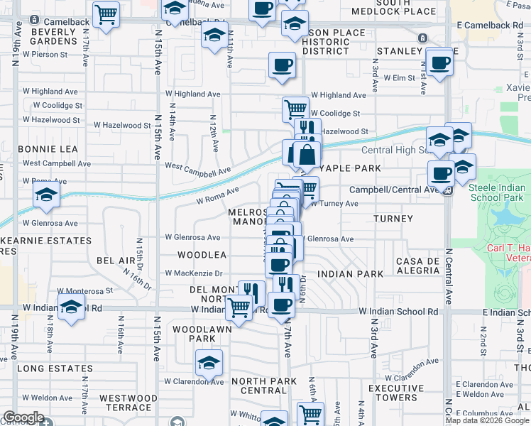 map of restaurants, bars, coffee shops, grocery stores, and more near 801 West Turney Avenue in Phoenix