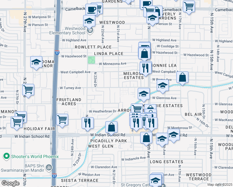 map of restaurants, bars, coffee shops, grocery stores, and more near 2025 West Turney Avenue in Phoenix