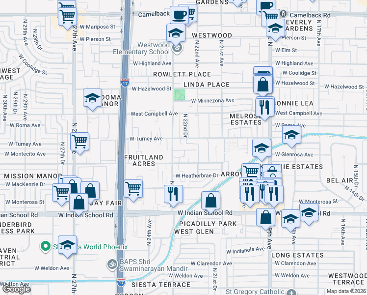 map of restaurants, bars, coffee shops, grocery stores, and more near 2226 West Glenrosa Avenue in Phoenix