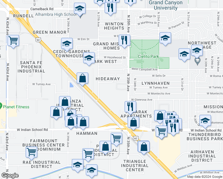 map of restaurants, bars, coffee shops, grocery stores, and more near 3611 West Turney Avenue in Phoenix