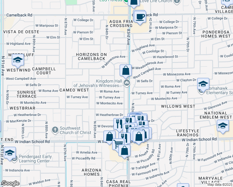 map of restaurants, bars, coffee shops, grocery stores, and more near 8322 West Turney Avenue in Phoenix