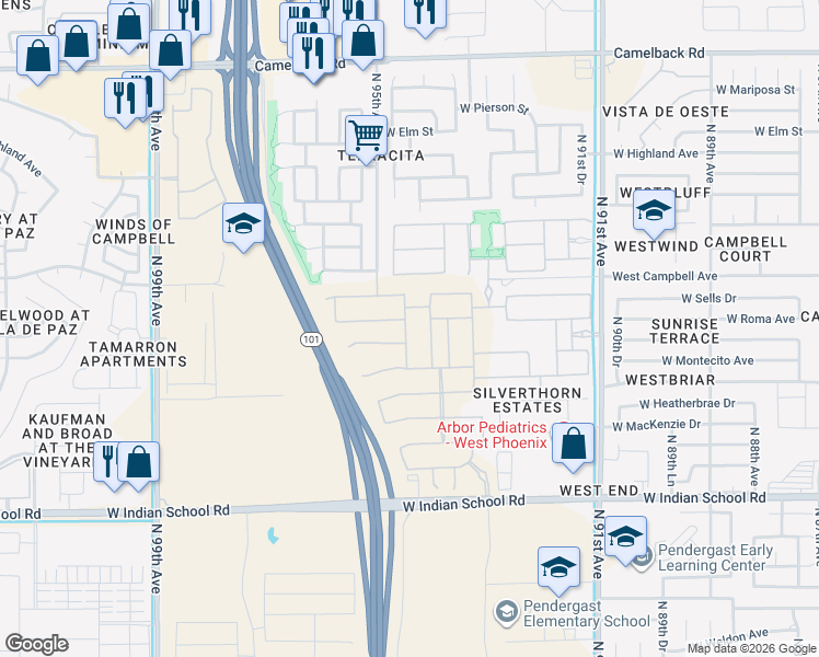 map of restaurants, bars, coffee shops, grocery stores, and more near North 95th Avenue in Phoenix