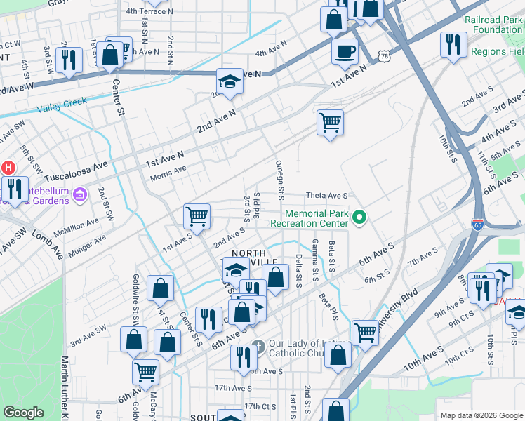 map of restaurants, bars, coffee shops, grocery stores, and more near 325 Iota Avenue South in Birmingham