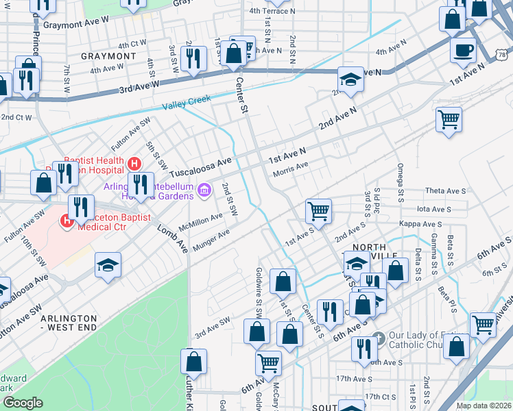 map of restaurants, bars, coffee shops, grocery stores, and more near 105 Munger Avenue in Birmingham