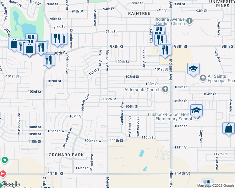 map of restaurants, bars, coffee shops, grocery stores, and more near 3708 105th Street in Lubbock