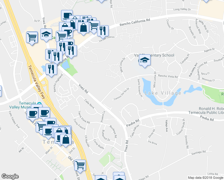 map of restaurants, bars, coffee shops, grocery stores, and more near Rancho Vista Road in Temecula
