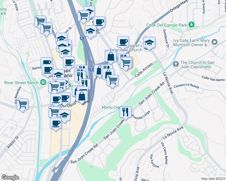 map of restaurants, bars, coffee shops, grocery stores, and more near 27143 Calle Arroyo in San Juan Capistrano