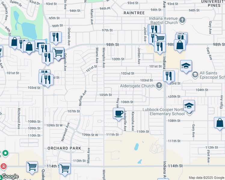 map of restaurants, bars, coffee shops, grocery stores, and more near 3708 105th Street in Lubbock