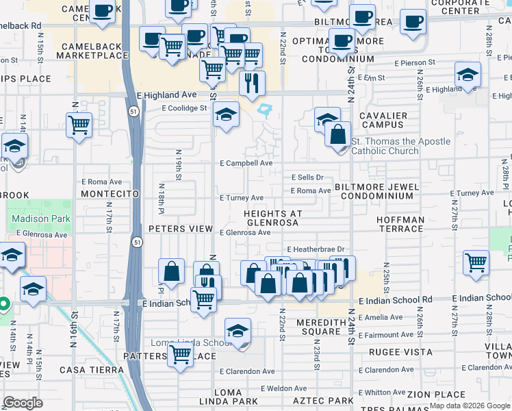 map of restaurants, bars, coffee shops, grocery stores, and more near 4343 North 21st Street in Phoenix