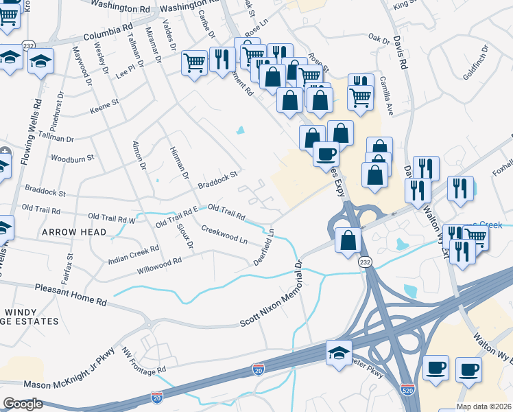 map of restaurants, bars, coffee shops, grocery stores, and more near 2600 Fox Court in Augusta