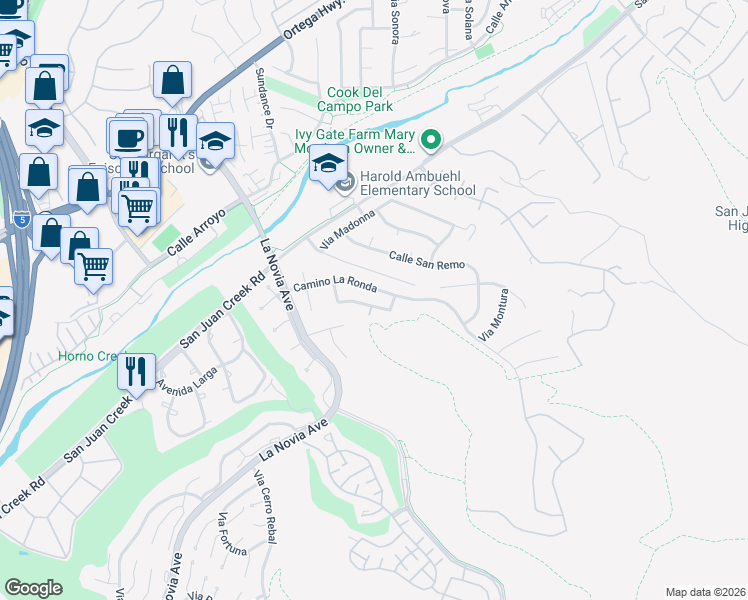 map of restaurants, bars, coffee shops, grocery stores, and more near 27901 Via Estancia in San Juan Capistrano