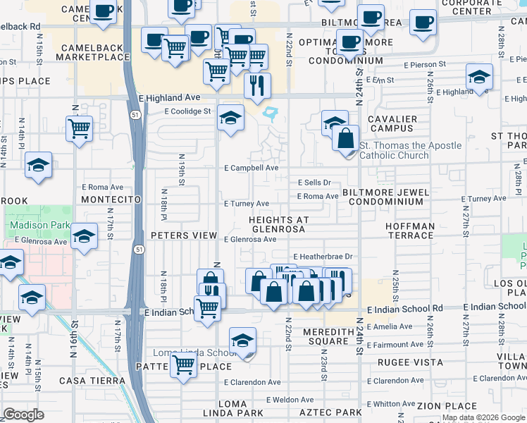 map of restaurants, bars, coffee shops, grocery stores, and more near 4343 North 21st Street in Phoenix
