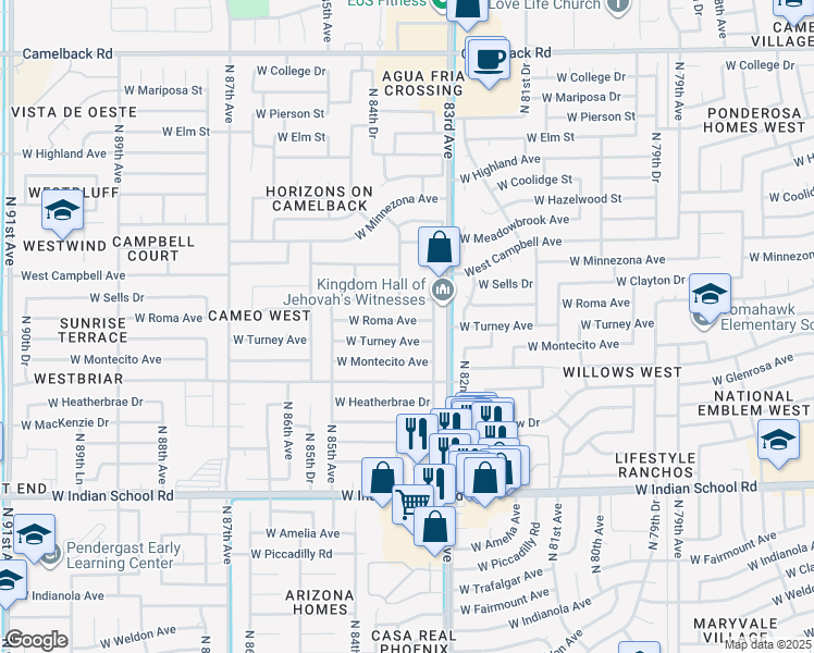 map of restaurants, bars, coffee shops, grocery stores, and more near 8322 West Turney Avenue in Phoenix