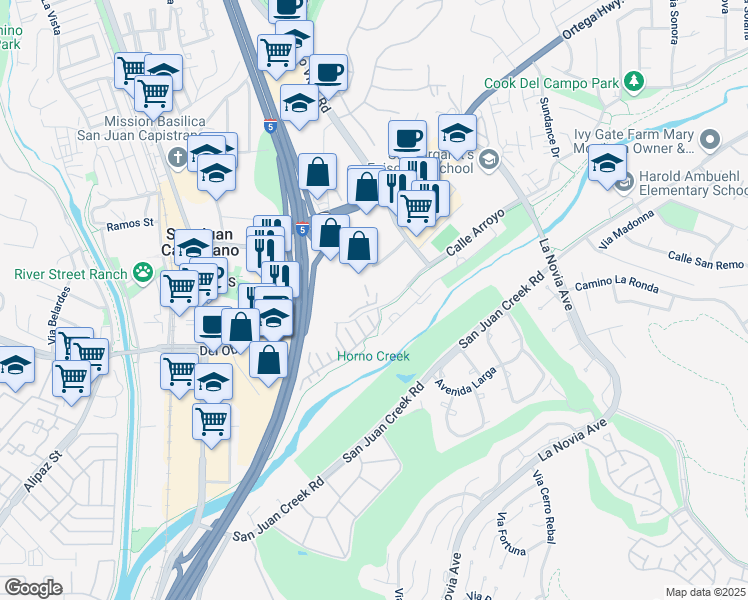 map of restaurants, bars, coffee shops, grocery stores, and more near 27143-27191 Calle Arroyo in San Juan Capistrano