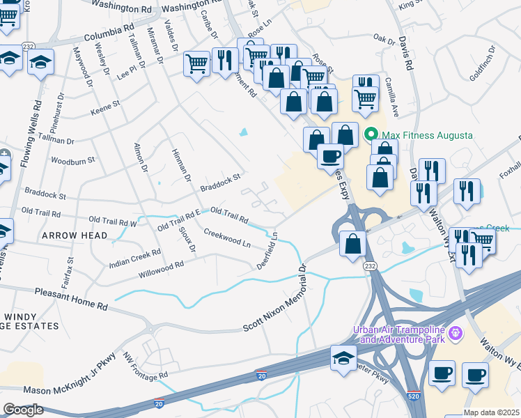 map of restaurants, bars, coffee shops, grocery stores, and more near 2600 Fox Court in Augusta