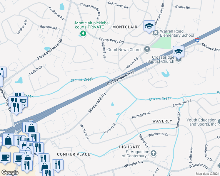 map of restaurants, bars, coffee shops, grocery stores, and more near Skinner Mill Road & Thornberry Drive in Augusta