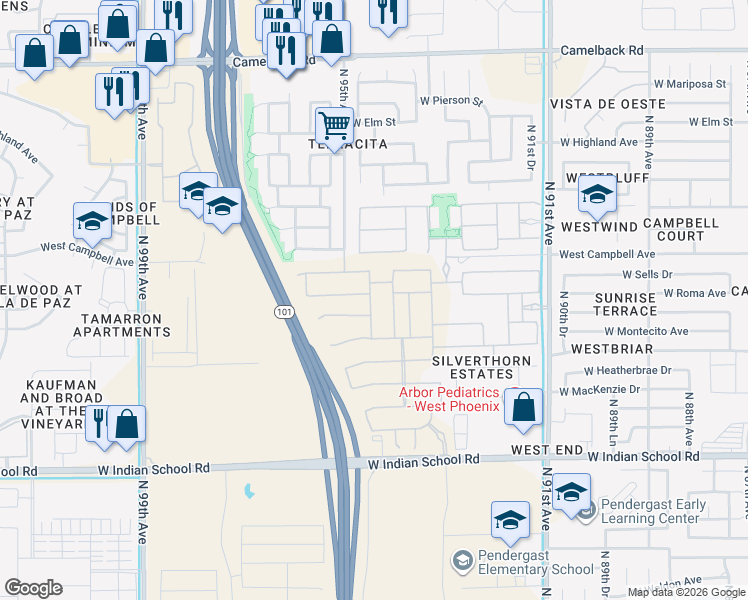 map of restaurants, bars, coffee shops, grocery stores, and more near North 95th Avenue in Phoenix