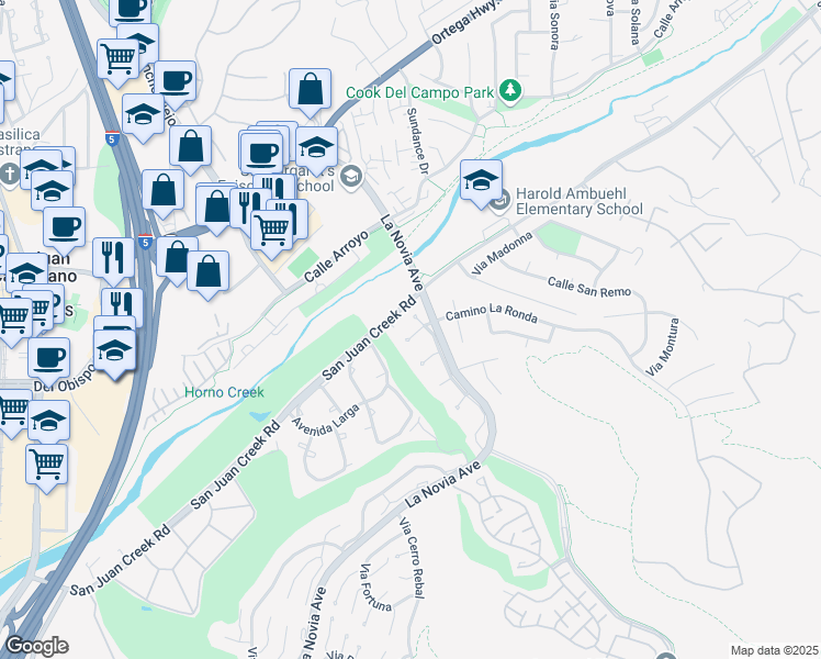 map of restaurants, bars, coffee shops, grocery stores, and more near 27651 Paseo La Ronda in San Juan Capistrano