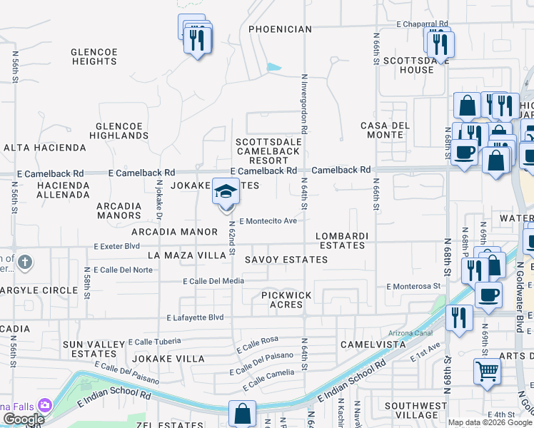 map of restaurants, bars, coffee shops, grocery stores, and more near 6311 East Montecito Avenue in Scottsdale