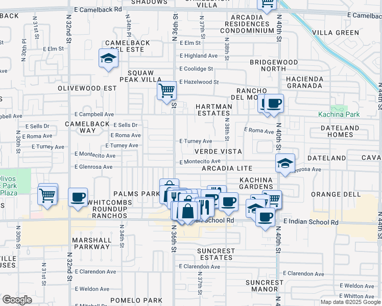 map of restaurants, bars, coffee shops, grocery stores, and more near 3618 East Montecito Avenue in Phoenix