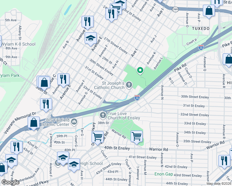 map of restaurants, bars, coffee shops, grocery stores, and more near 3112 Avenue J in Birmingham