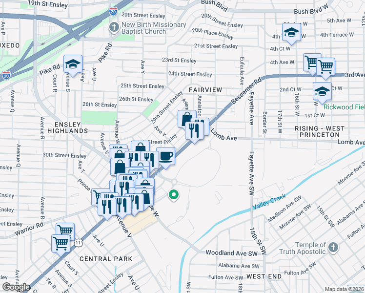 map of restaurants, bars, coffee shops, grocery stores, and more near 2504 Bessemer Road in Birmingham
