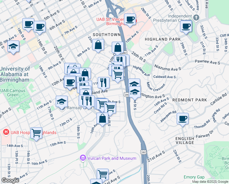 map of restaurants, bars, coffee shops, grocery stores, and more near 2118 14th Avenue South in Birmingham