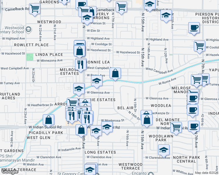 map of restaurants, bars, coffee shops, grocery stores, and more near 1720 West Glenrosa Avenue in Phoenix