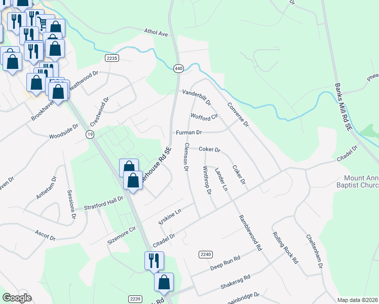 map of restaurants, bars, coffee shops, grocery stores, and more near 36 Clemson Drive in Aiken